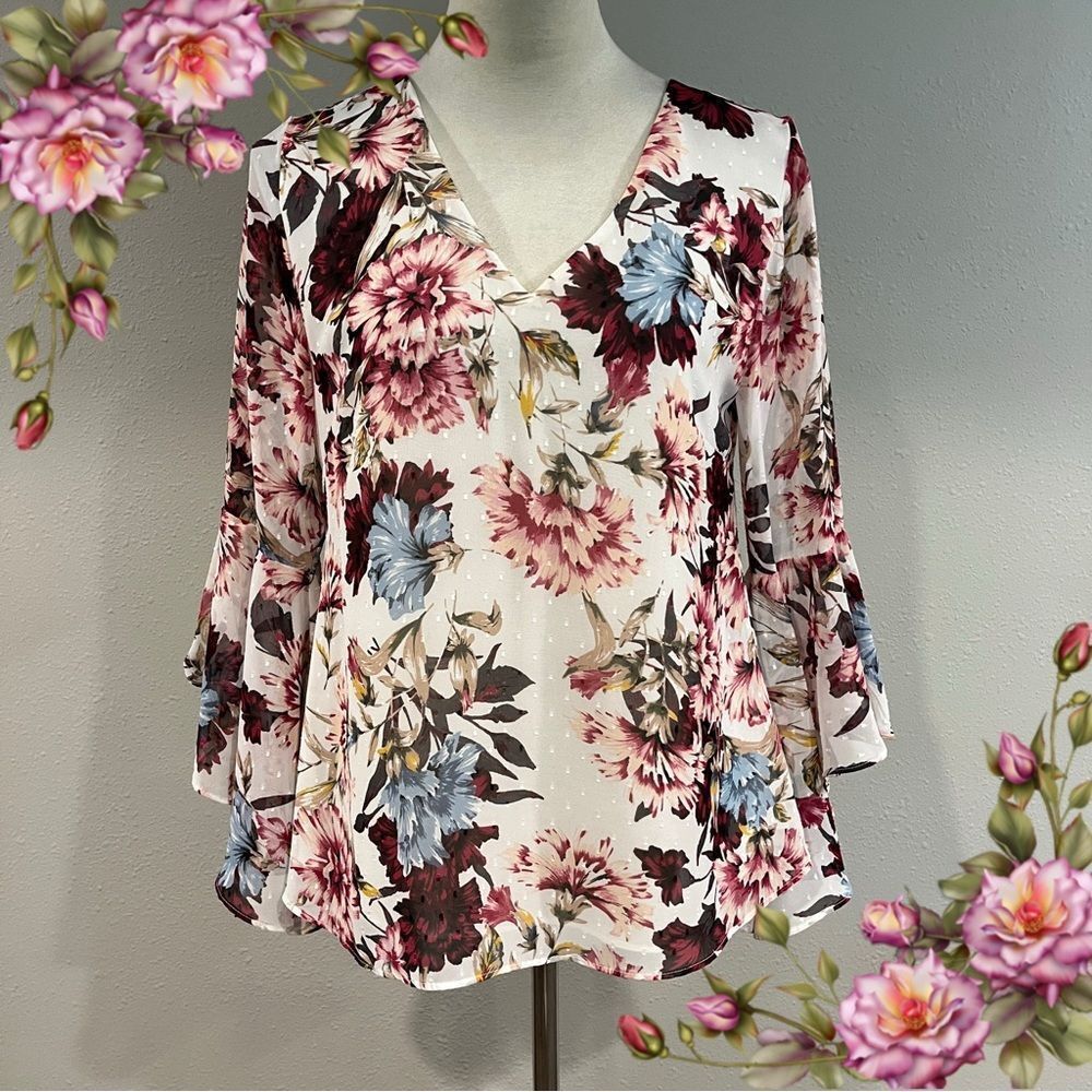 WHBM long bell sleeve Floral V-Neck blouse top size 4